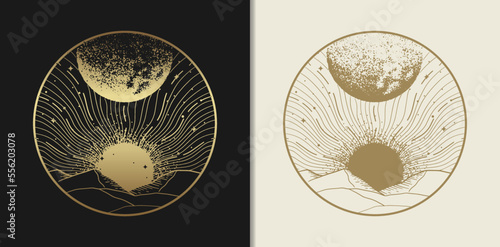 Panorama of the sun and moon on another planet