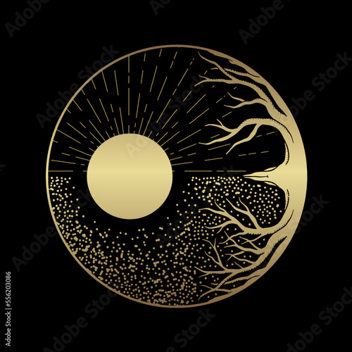 Luminous tree and moon at night hand drawn