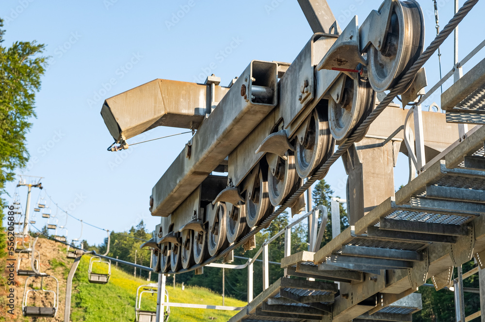 Empty chairlift in ski resort. Shot in summer no snow Empty chairlift in ski resort. Shot in summer no snow