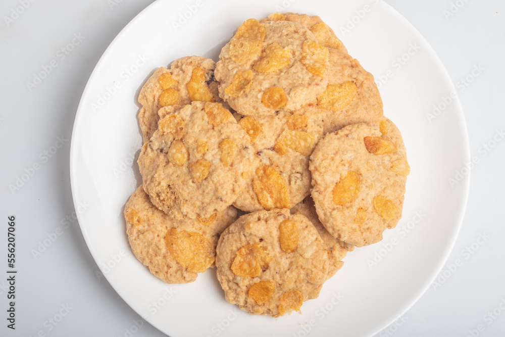 Cornflakes cookies on a white plate.Snack Cornflakes cookies on a white plate.Snack