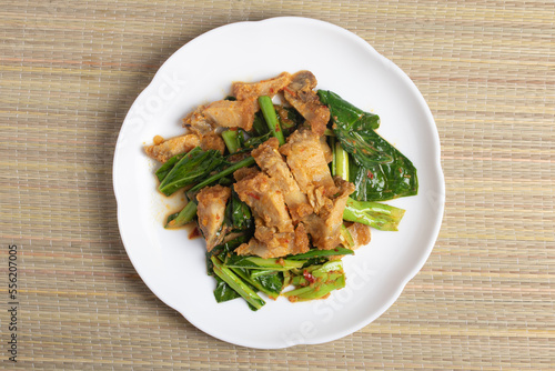 Stir Fried Crispy Pork Belly with Kale and Chili Paste