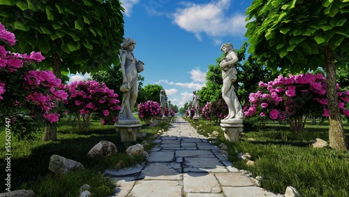 Road through the park with marble sculpture