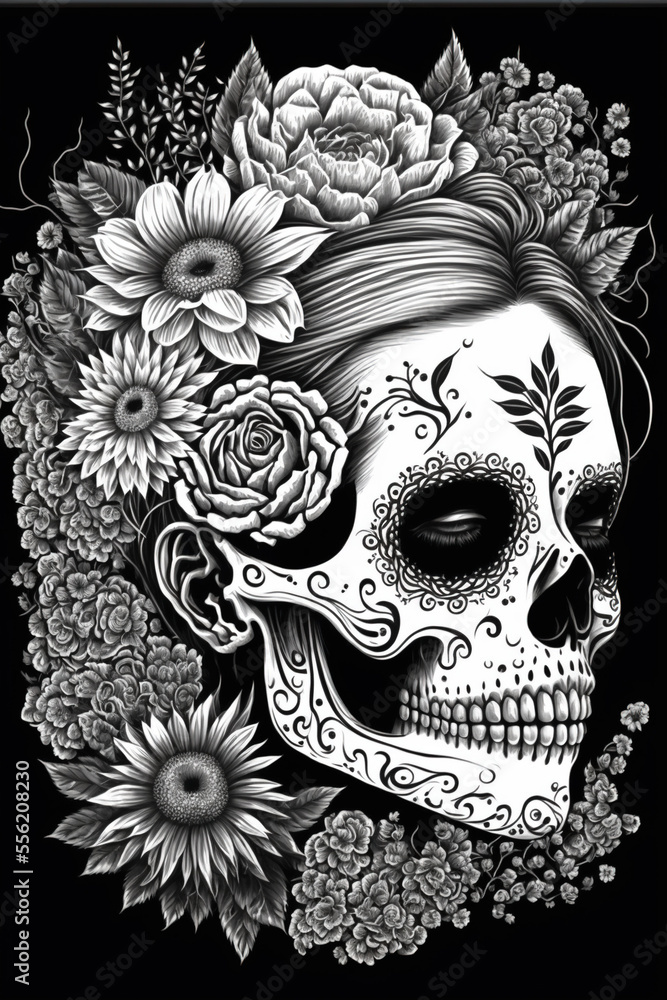 Skull with flowers, black and white, Dia De Los Muertos