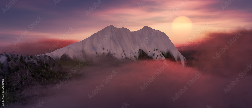 Obraz premium Colorful Mountain Landscape covered in fog and snow. Cloudy Sunset Sky. Nature Background. 3d Rendering Art.