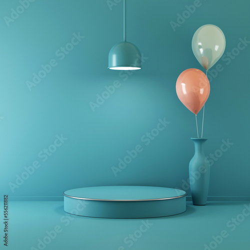 3D turquoise green simple podium with balloons vase for branding, identity and packaging presentation © wimagine