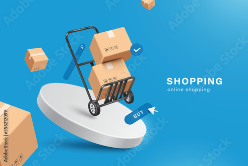 Parcel boxes or cardboard box place in cart drag and all floating on round podium