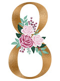 Gold number 8 with watercolor flowers and leaf