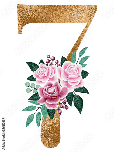 Gold number 7 with watercolor flowers and leaf