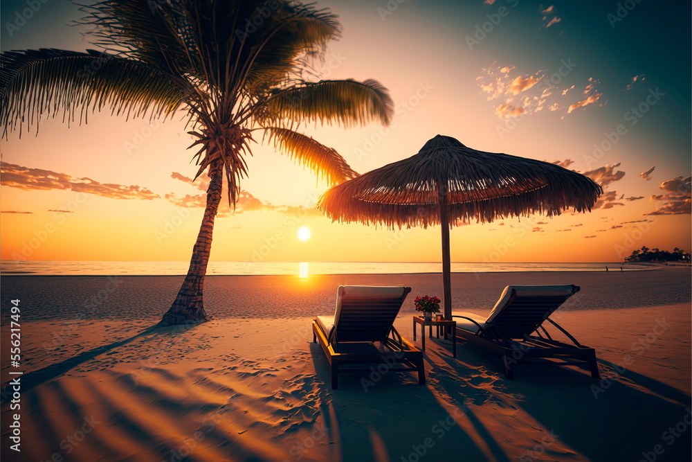 Beautiful tropical sunset scenery, two sun beds, loungers, umbrella under palm tree.