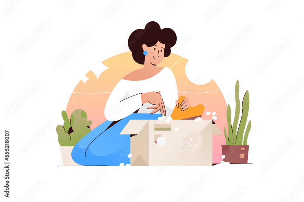 Fototapeta premium Woman open cardboard box or parcel
