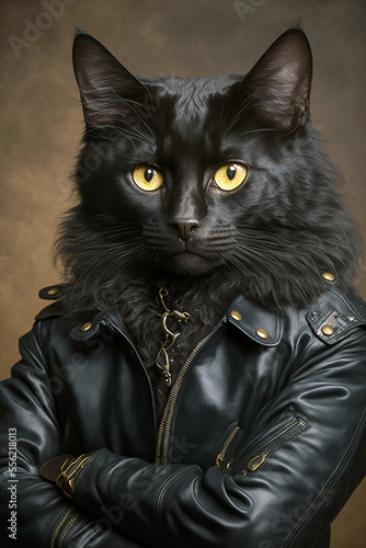 cat with black jacket generative AI © AICreations