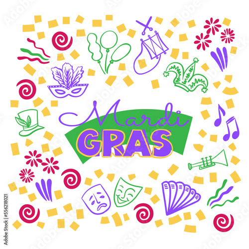 Mardi Gras doodle set for poster, party invitation, banner or flyer