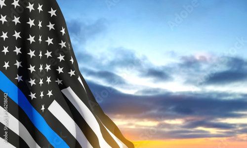 Thin Blue Line. American flag with police blue line on a background of sunset. Support of police and law enforcement. National Law Enforcement Appreciation Day. EPS10 vector