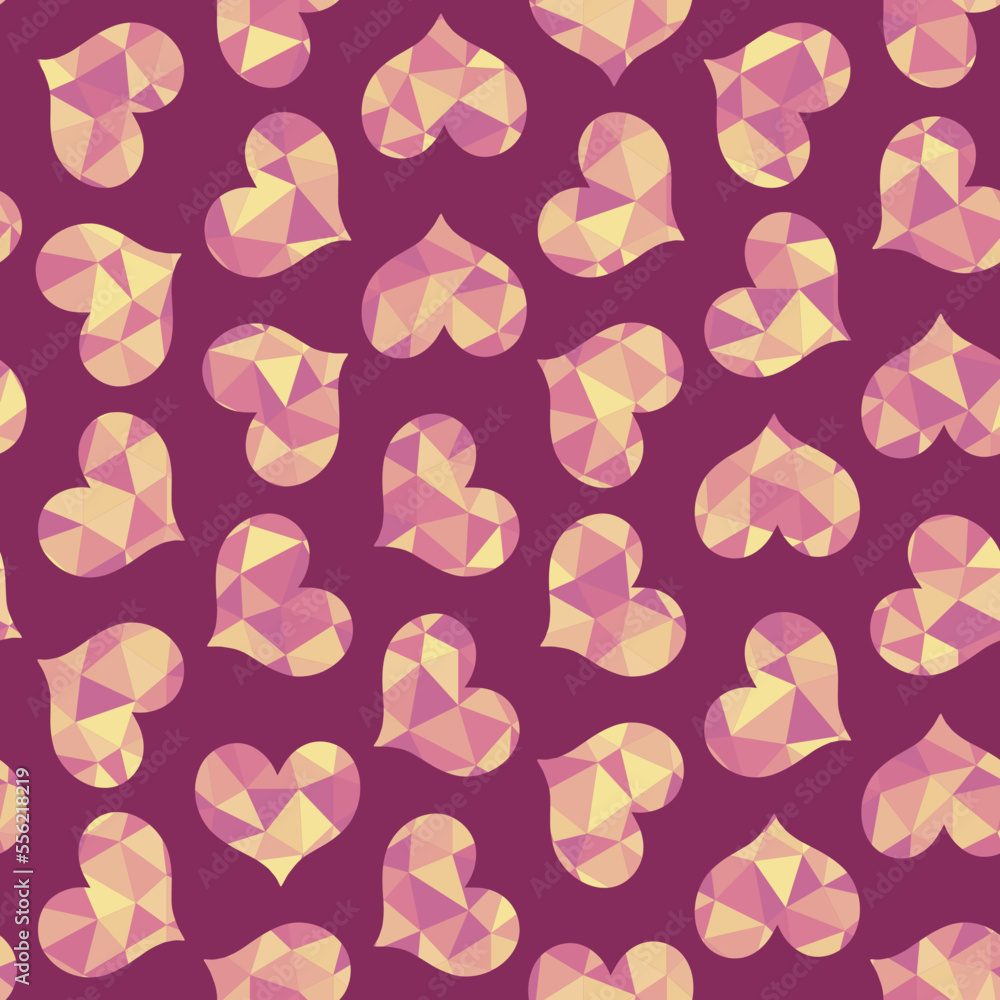 Hearts textured with triangles, seamless vector pattern, shades of warm pink and yellow Hearts textured with triangles, seamless vector pattern, shades of warm pink and yellow