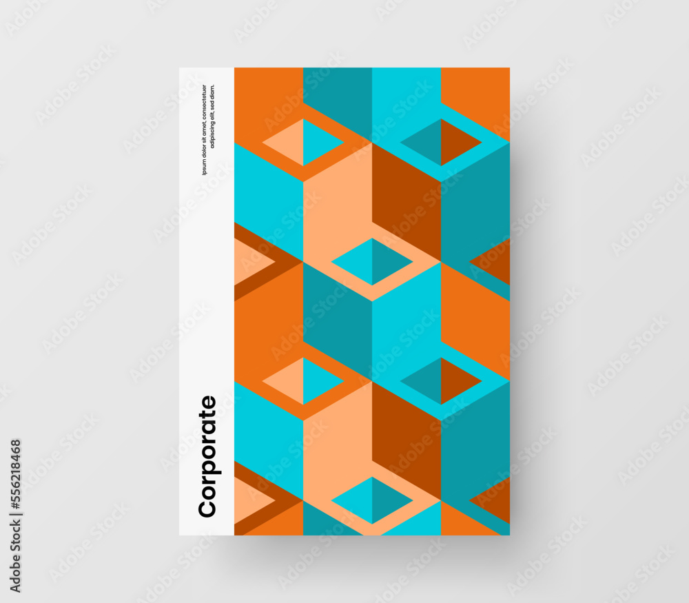 Clean annual report A4 design vector illustration. Trendy geometric pattern company brochure layout.