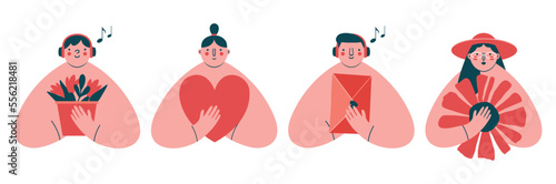 Set of abstract cheerful romantic person for creative Valentine's Day cards. Female and male cartoon characters with bouquet of flowers, love mail, heart. Vector illustrations in modern flat style.