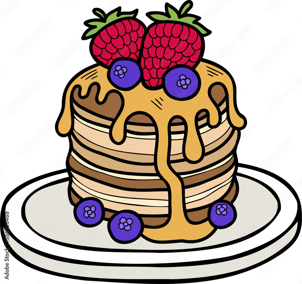Hand Drawn Pancakes with honey and strawberries illustration Hand Drawn Pancakes with honey and strawberries illustration