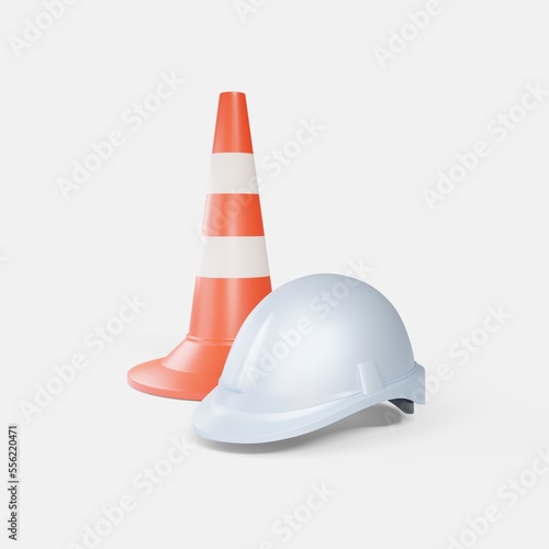 Road cone and worker's helmet. Road works and processes. 3d rendering.