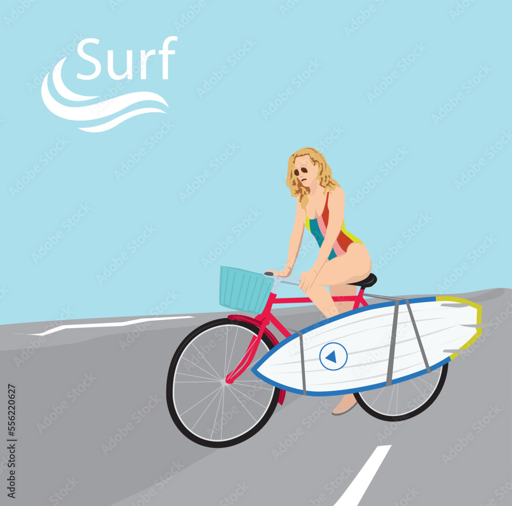 Surfer on surfboard, active vacation on beach, vector illustration Surfer on surfboard, active vacation on beach, vector illustration