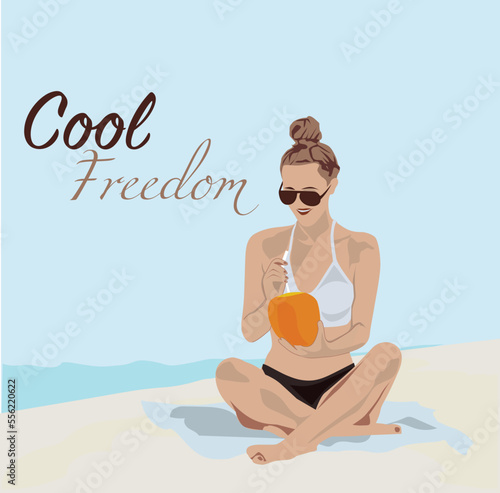 Vector illustration of a girl drinking king coconut photo