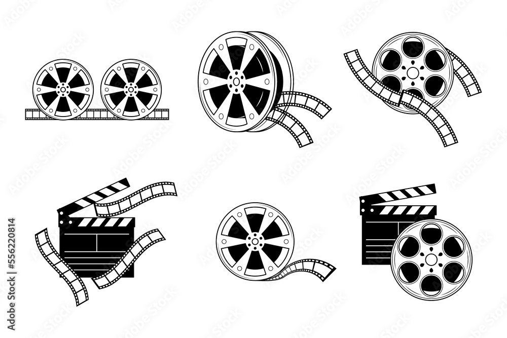 Set Abstract Black Simple Line Clapperboard And Film Reel Movie Cinema