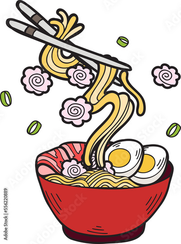 Hand Drawn noodles or ramen Chinese and Japanese food illustration