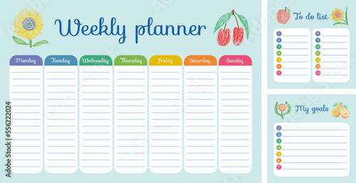 Weekly planner. Vector hand drawn design. Pencil drawing. Sunflower and cherry. Monday, Tuesday, Wednesday, Thursday, Friday, Saterday and Sunday