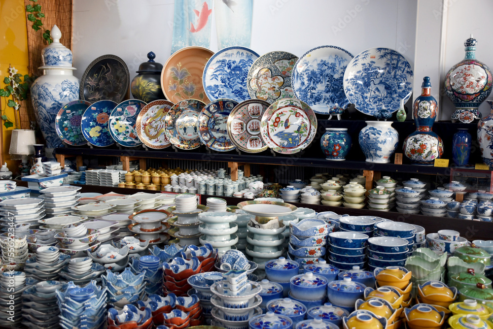 Famous Arita porcelain dishes and vases of various shapes decorated
