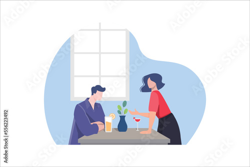 Concept of divorce, misunderstanding in family. Angry man and offended woman standing separately from each other. Relationship break up, crisis. Vector illustration in flat cartoon style.