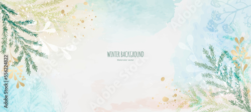 Winter watercolor vector background. Hand drawn spruce branches and plants. Botanical design for wallpaper, poster, web, postcard, cover, congratulations. Horizontal orientation.
