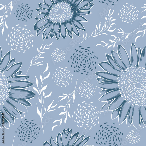 Flower seamless pattern with abstract and leaf ornament in baby blue color. Perfect for paper, textile, fabric, print, decor ornament, cover, etc