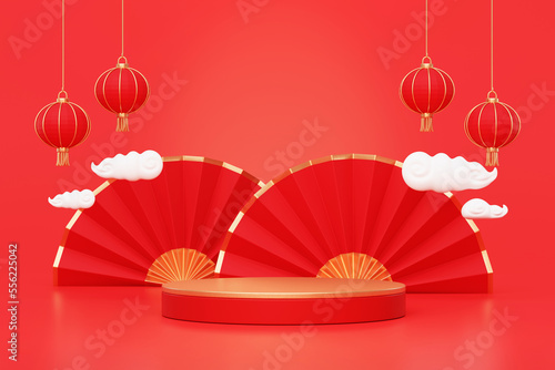 Red luxury podium chinese new year product stand podium background pedestal 3D rendering