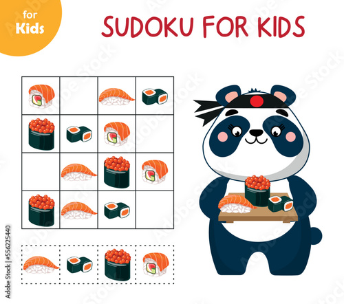 Asian food. Mini game for kids. Sudoku. Insert desired picture. Panda and sushi set, japanese food