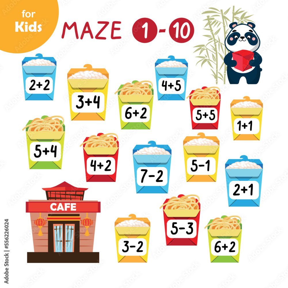 Asian food. panda is waiting for delivery from the cafe. Mini game for kids Math