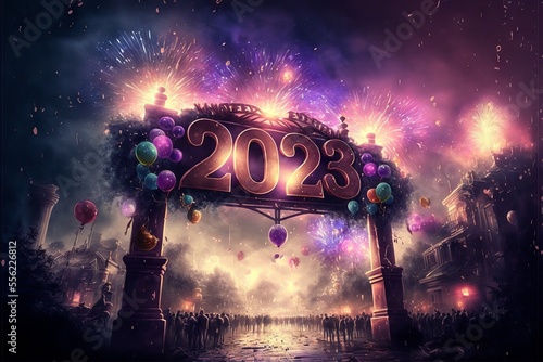 A sign welcoming 2023 with crowds in the background, fireworks and color, NYE photo