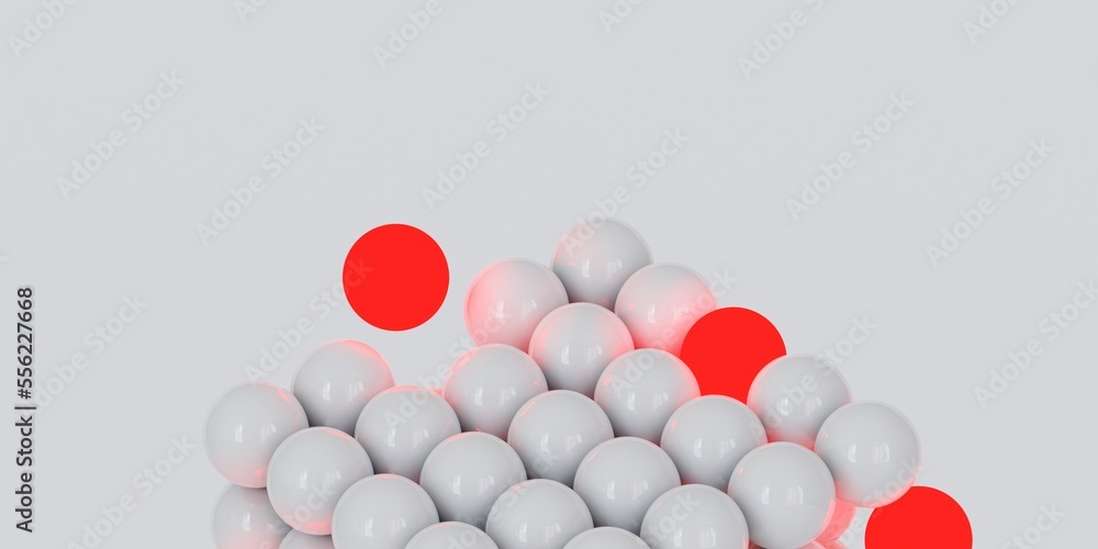 3d white cube with glowing red spheres. Abstract primitive shapes on white background. 3d illustration. 3d rendering.