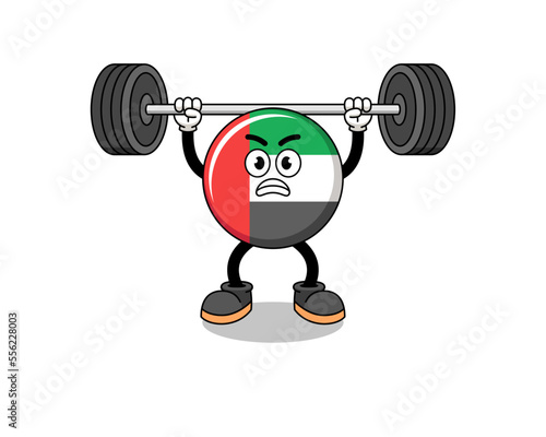 UAE flag mascot cartoon lifting a barbell