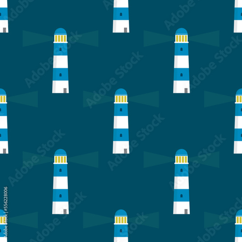 Lighthouses seamless pattern. lighthouse on blue background, seamless sea travel pattern, flat style design. Seashore building, texture.