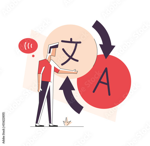 translator illustration concept, language guide, language translator app. male person illustration, chat bubble