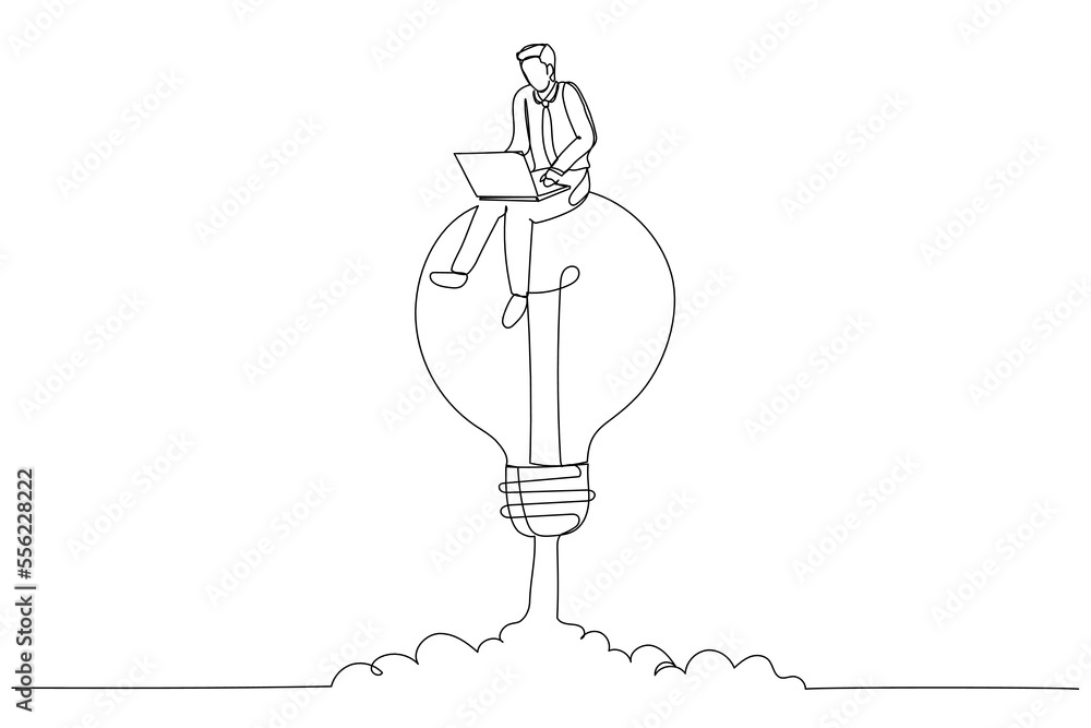 Naklejka premium Illustration of businessman working on a soaring light bulb rocket. Working with creativity. Single line art style