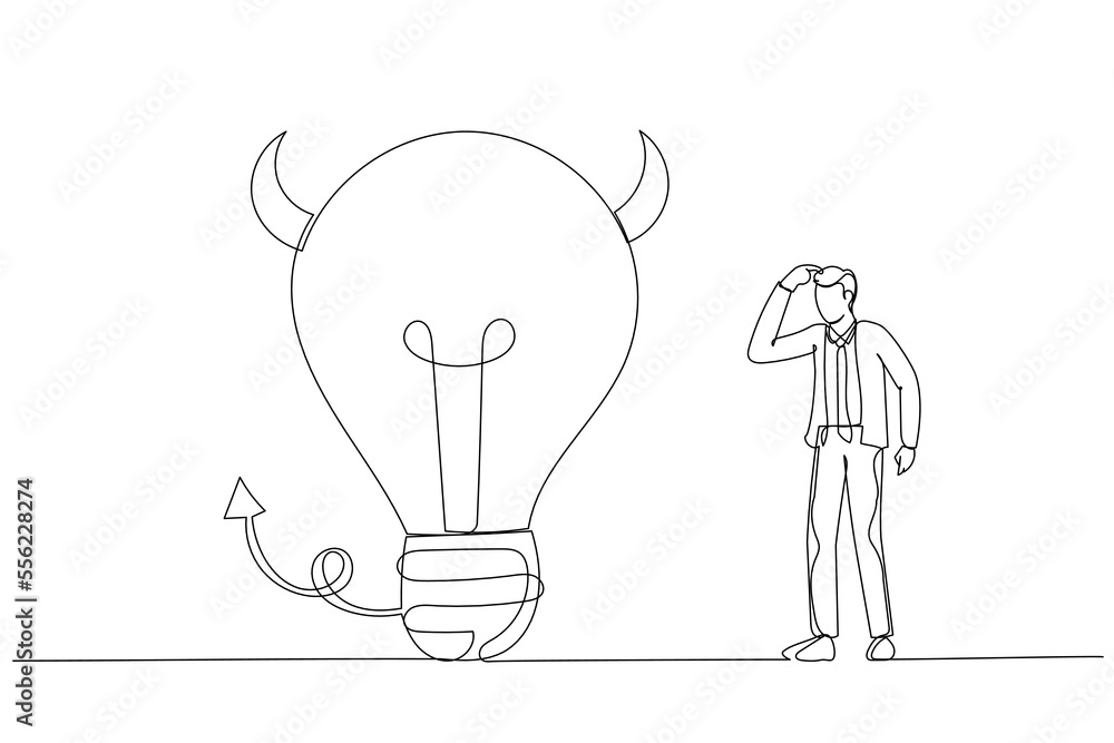 Cartoon of businessman looking at devil lightbulb doubting it bad idea. Stupid mistake or poor idea. One line art style
