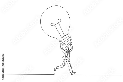 Cartoon of excited businessman carrying big lightbulb idea running to invent new product. Big idea. One continuous line art style