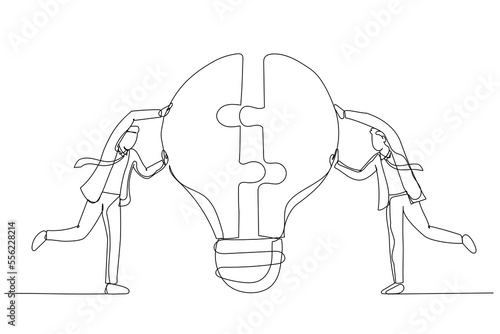 Drawing of businessman team members partner connect lightbulb jigsaw puzzle together. Teamwork or partnership. Single continuous line art style