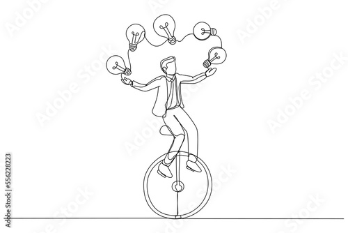 Drawing of businessman riding unicycle juggling lightbulb lamp. Plenty ideas. Single continuous line art style