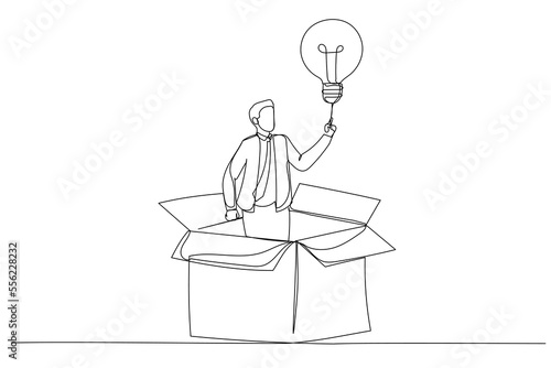 Illustration of businessman get out of paper box with new illumination lightbulb idea. Think outside the box. Single continuous line art style
