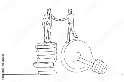 Cartoon of businessman standing on lightbulb idea lamp shaking hands. Idea pitching. Single line art style