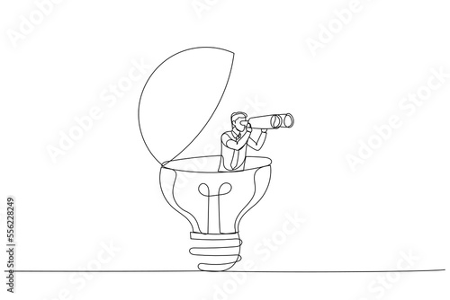 Cartoon of businessman open lightbulb idea using binoculars to see business vision. Creativity to help. One line style art