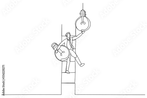 Drawing of businessman leader climb up ladder to change lightbulb idea. Change to new innovation. Single continuous line art style