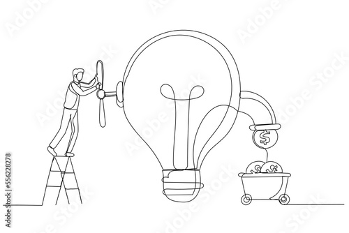 Illustration of businessman open lightbulb idea faucet to earn money coins. Idea to make money. Single line art style