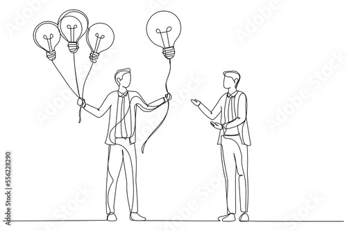 Cartoon of businessman giving lightbulb idea to young employee. Mentor give an advice. One line art style